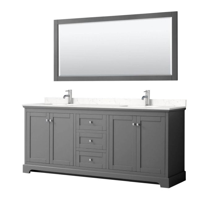 Wyndham Collection Avery 80 inch Double Bathroom Vanity in Dark Gray with Light-Vein Carrara Cultured Marble Countertop, Undermount Square Sinks and 70 inch Mirror - WCV232380DKGC2UNSM70