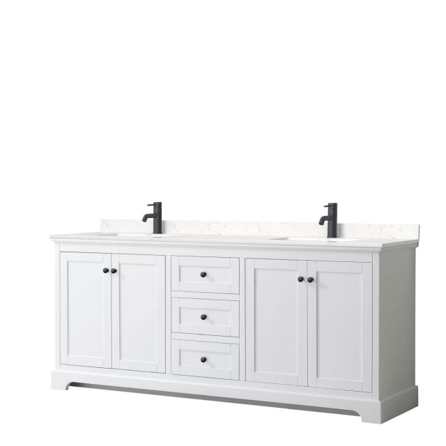 Wyndham Collection Avery 80 inch Double Bathroom Vanity in White with Light-Vein Carrara Cultured Marble Countertop, Undermount Square Sinks and Matte Black Trim WCV232380DWBC2UNSMXX