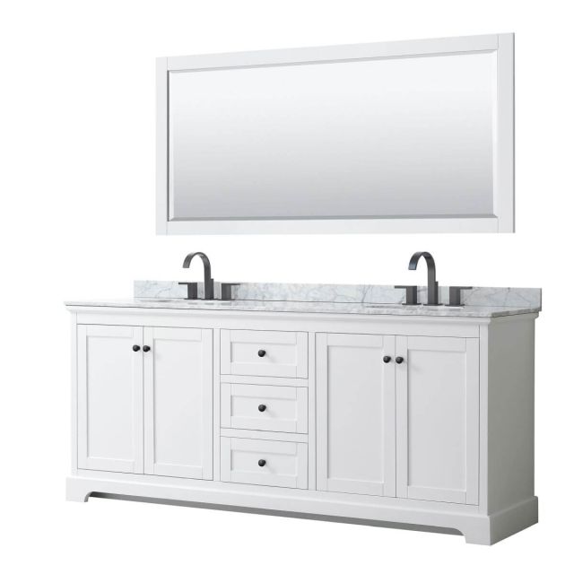 Wyndham Collection Avery 80 inch Double Bathroom Vanity in White with White Carrara Marble Countertop, Undermount Oval Sinks, Matte Black Trim and 70 Inch Mirror WCV232380DWBCMUNOM70