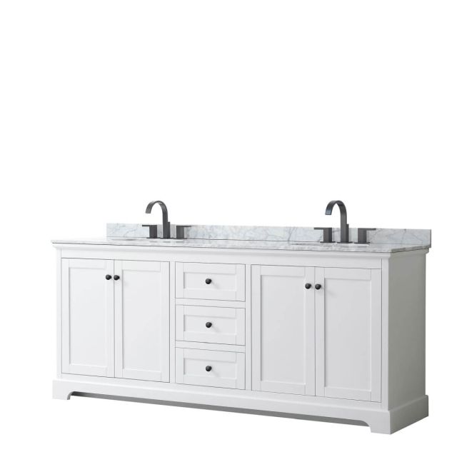 Wyndham Collection Avery 80 inch Double Bathroom Vanity in White with White Carrara Marble Countertop, Undermount Oval Sinks and Matte Black Trim WCV232380DWBCMUNOMXX
