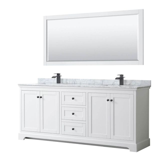 Wyndham Collection Avery 80 inch Double Bathroom Vanity in White with White Carrara Marble Countertop, Undermount Square Sinks, Matte Black Trim and 70 Inch Mirror WCV232380DWBCMUNSM70
