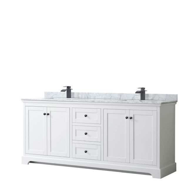 Wyndham Collection Avery 80 inch Double Bathroom Vanity in White with White Carrara Marble Countertop, Undermount Square Sinks and Matte Black Trim WCV232380DWBCMUNSMXX