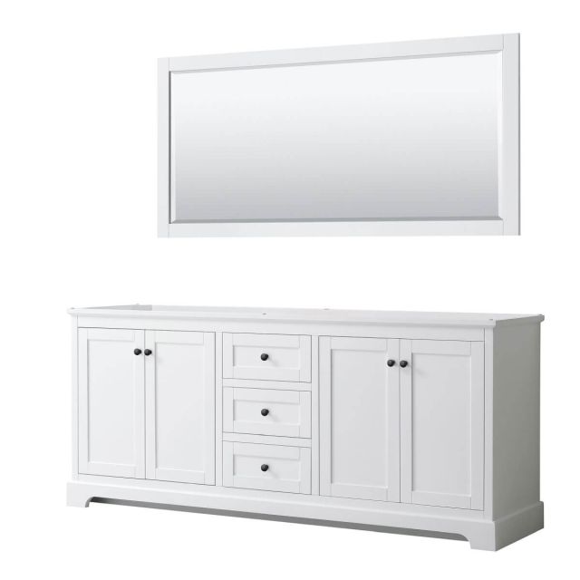 Wyndham Collection Avery 80 inch Double Bathroom Vanity in White with 70 Inch Mirror, Matte Black Trim, No Countertop and No Sinks WCV232380DWBCXSXXM70
