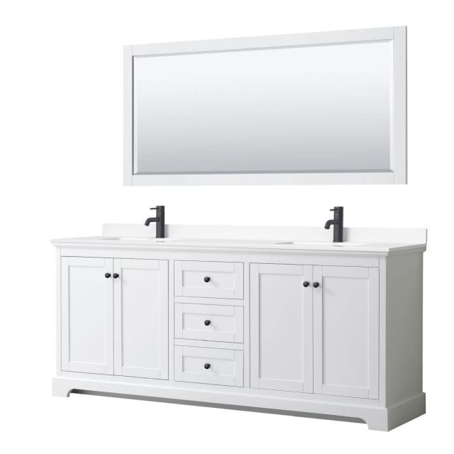 Wyndham Collection Avery 80 inch Double Bathroom Vanity in White with White Cultured Marble Countertop, Undermount Square Sinks, Matte Black Trim and 70 Inch Mirror WCV232380DWBWCUNSM70