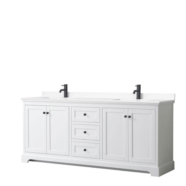 Wyndham Collection Avery 80 inch Double Bathroom Vanity in White with White Cultured Marble Countertop, Undermount Square Sinks and Matte Black Trim WCV232380DWBWCUNSMXX