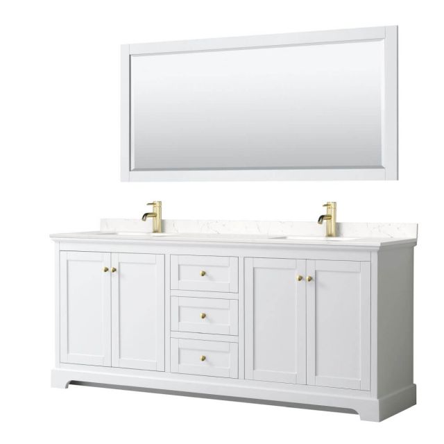 Wyndham Collection Avery 80 inch Double Bathroom Vanity in White with Light-Vein Carrara Cultured Marble Countertop, Undermount Square Sinks, 70 inch Mirror and Brushed Gold Trim - WCV232380DWGC2UNSM70