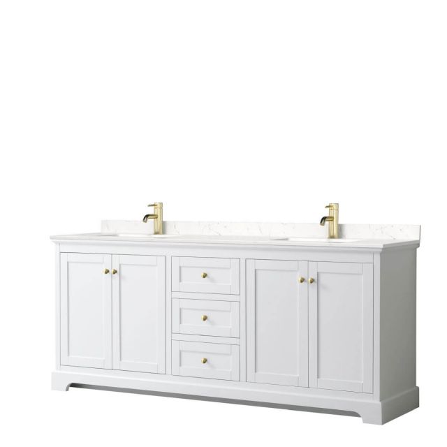 Wyndham Collection Avery 80 inch Double Bathroom Vanity in White with Light-Vein Carrara Cultured Marble Countertop, Undermount Square Sinks and Brushed Gold Trim - WCV232380DWGC2UNSMXX