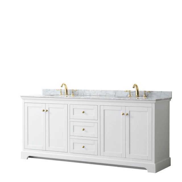 Wyndham Collection Avery 80 inch Double Bathroom Vanity in White with White Carrara Marble Countertop, Undermount Oval Sinks and Brushed Gold Trim - WCV232380DWGCMUNOMXX
