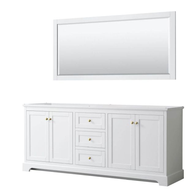 Wyndham Collection Avery 80 inch Double Bathroom Vanity in White with 70 inch Mirror, Brushed Gold Trim, No Countertop and No Sinks, - WCV232380DWGCXSXXM70