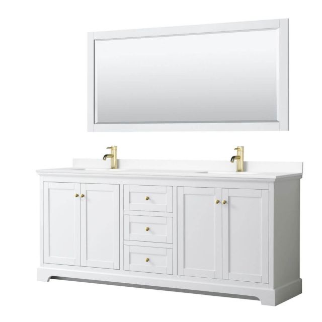 Wyndham Collection Avery 80 inch Double Bathroom Vanity in White with White Cultured Marble Countertop, Undermount Square Sinks, 70 inch Mirror and Brushed Gold Trim - WCV232380DWGWCUNSM70