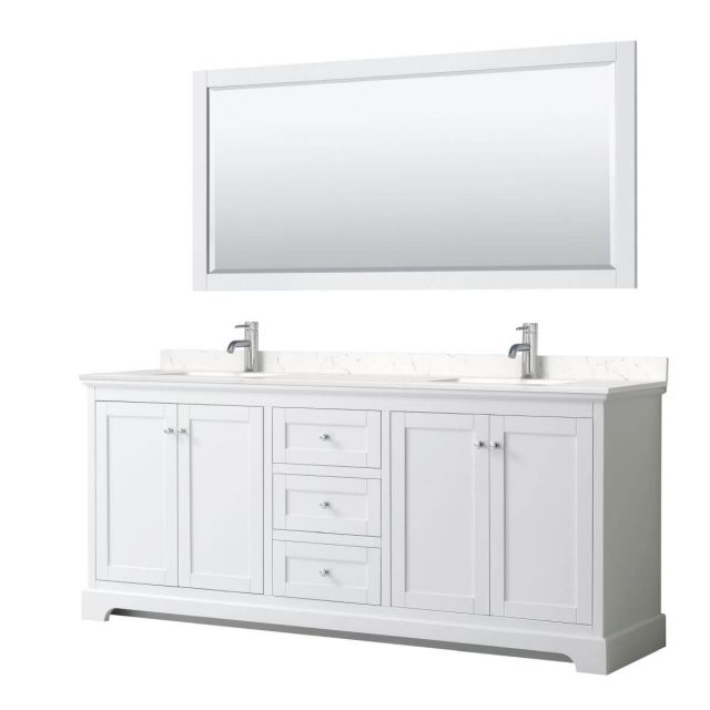 Wyndham Collection Avery 80 inch Double Bathroom Vanity in White with Light-Vein Carrara Cultured Marble Countertop, Undermount Square Sinks and 70 inch Mirror - WCV232380DWHC2UNSM70