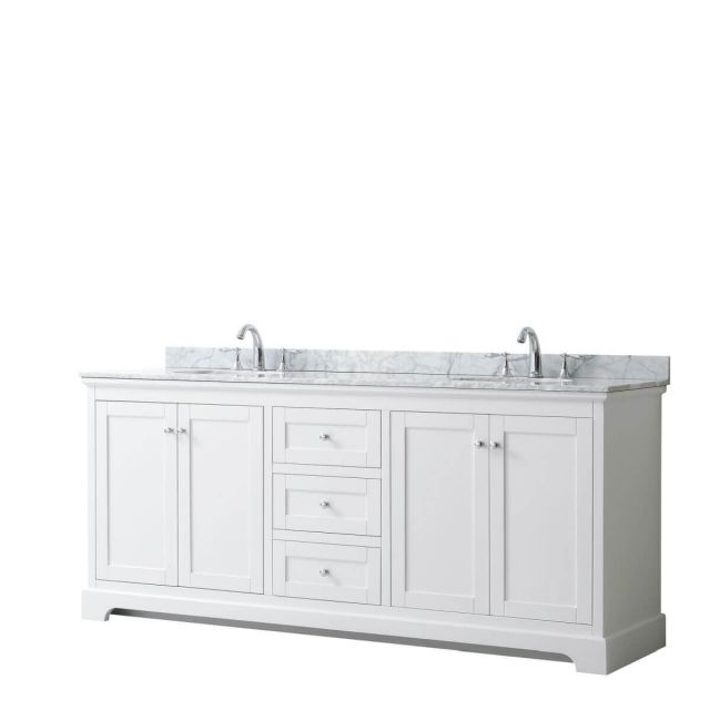 Wyndham Collection Avery 80 inch Double Bathroom Vanity in White with White Carrara Marble Countertop, Undermount Oval Sinks and No Mirror - WCV232380DWHCMUNOMXX