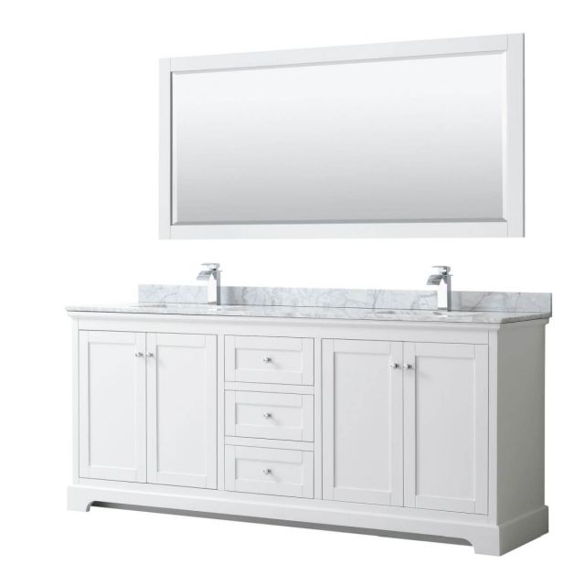 Wyndham Collection Avery 80 inch Double Bathroom Vanity in White with White Carrara Marble Countertop, Undermount Square Sinks and 70 inch Mirror - WCV232380DWHCMUNSM70