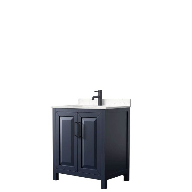 Wyndham Collection Daria 30 inch Single Bathroom Vanity in Dark Blue with Light-Vein Carrara Cultured Marble Countertop, Undermount Square Sink and Matte Black Trim WCV252530SBBC2UNSMXX