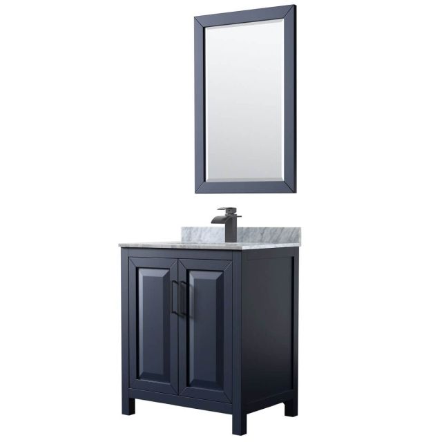 Wyndham Collection Daria 30 inch Single Bathroom Vanity in Dark Blue with White Carrara Marble Countertop, Undermount Square Sink, Matte Black Trim and 24 Inch Mirror WCV252530SBBCMUNSM24