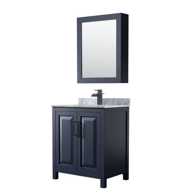 Wyndham Collection Daria 30 inch Single Bathroom Vanity in Dark Blue with White Carrara Marble Countertop, Undermount Square Sink, Matte Black Trim and Medicine Cabinet WCV252530SBBCMUNSMED