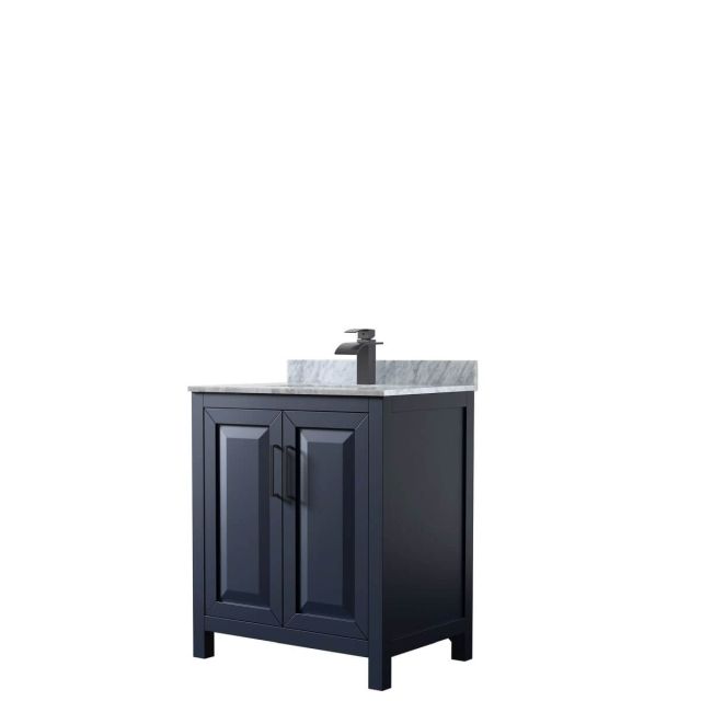 Wyndham Collection Daria 30 inch Single Bathroom Vanity in Dark Blue with White Carrara Marble Countertop, Undermount Square Sink and Matte Black Trim WCV252530SBBCMUNSMXX
