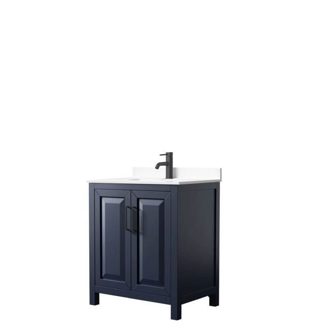 Wyndham Collection Daria 30 inch Single Bathroom Vanity in Dark Blue with White Cultured Marble Countertop, Undermount Square Sink and Matte Black Trim WCV252530SBBWCUNSMXX