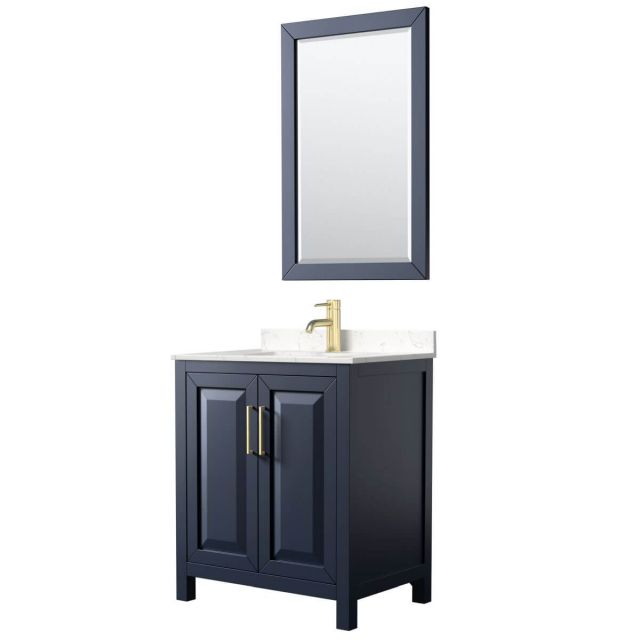 Wyndham Collection Daria 30 inch Single Bathroom Vanity in Dark Blue with Light-Vein Carrara Cultured Marble Countertop, Undermount Square Sink and 24 inch Mirror - WCV252530SBLC2UNSM24
