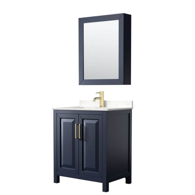 Wyndham Collection Daria 30 inch Single Bathroom Vanity in Dark Blue with Light-Vein Carrara Cultured Marble Countertop, Undermount Square Sink and Medicine Cabinet - WCV252530SBLC2UNSMED