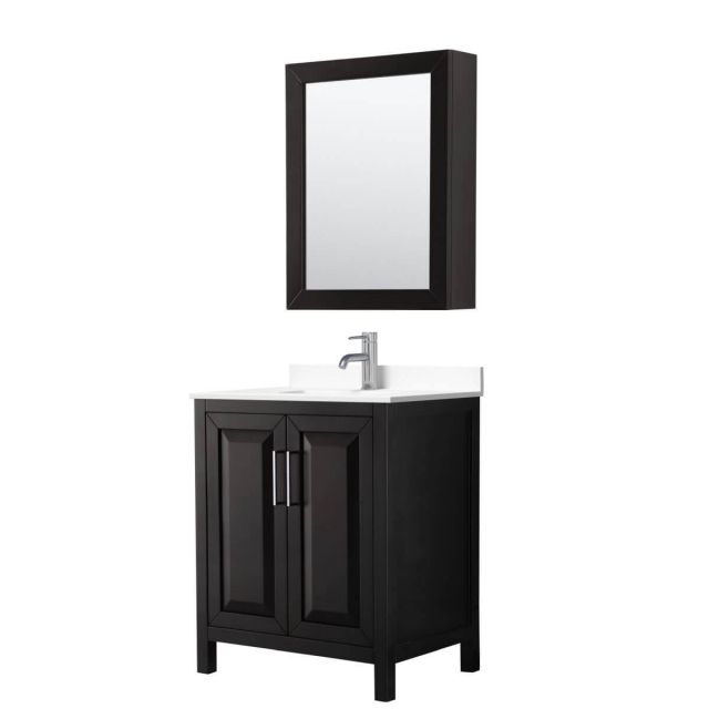 Wyndham Collection Daria 30 inch Single Bathroom Vanity in Dark Espresso with White Cultured Marble Countertop, Undermount Square Sink and Medicine Cabinet - WCV252530SDEWCUNSMED