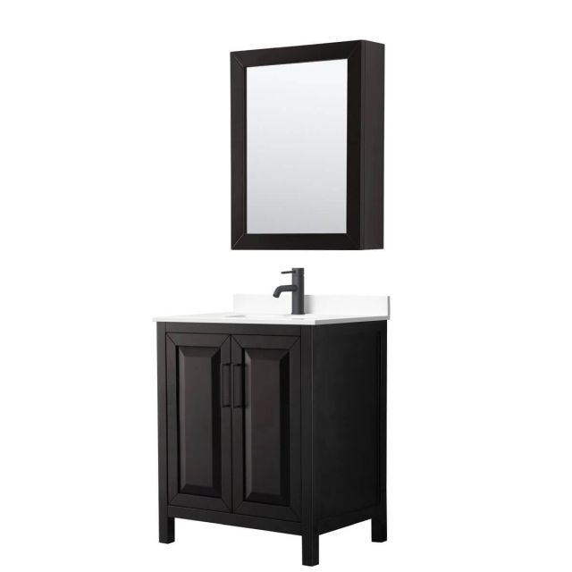 Wyndham Collection Daria 30 inch Single Bathroom Vanity in Dark Espresso with White Cultured Marble Countertop, Undermount Square Sink, Matte Black Trim and Medicine Cabinet WCV252530SEBWCUNSMED
