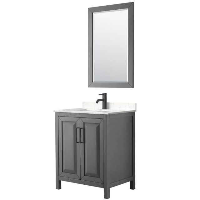 Wyndham Collection Daria 30 inch Single Bathroom Vanity in Dark Gray with Light-Vein Carrara Cultured Marble Countertop, Undermount Square Sink, Matte Black Trim and 24 Inch Mirror WCV252530SGBC2UNSM24