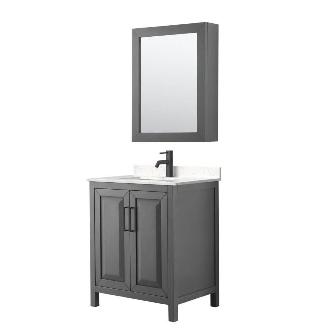 Wyndham Collection Daria 30 inch Single Bathroom Vanity in Dark Gray with Light-Vein Carrara Cultured Marble Countertop, Undermount Square Sink, Matte Black Trim and Medicine Cabinet WCV252530SGBC2UNSMED