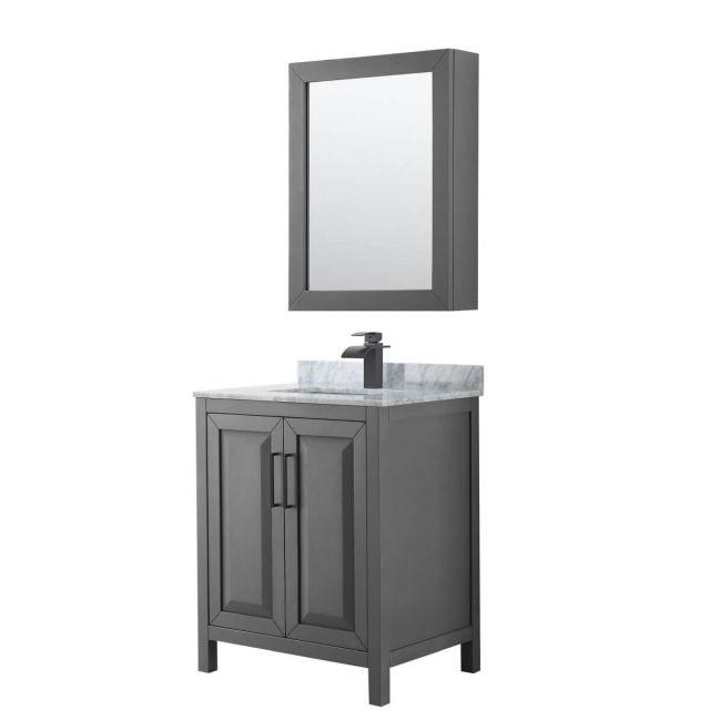 Wyndham Collection Daria 30 inch Single Bathroom Vanity in Dark Gray with White Carrara Marble Countertop, Undermount Square Sink, Matte Black Trim and Medicine Cabinet WCV252530SGBCMUNSMED