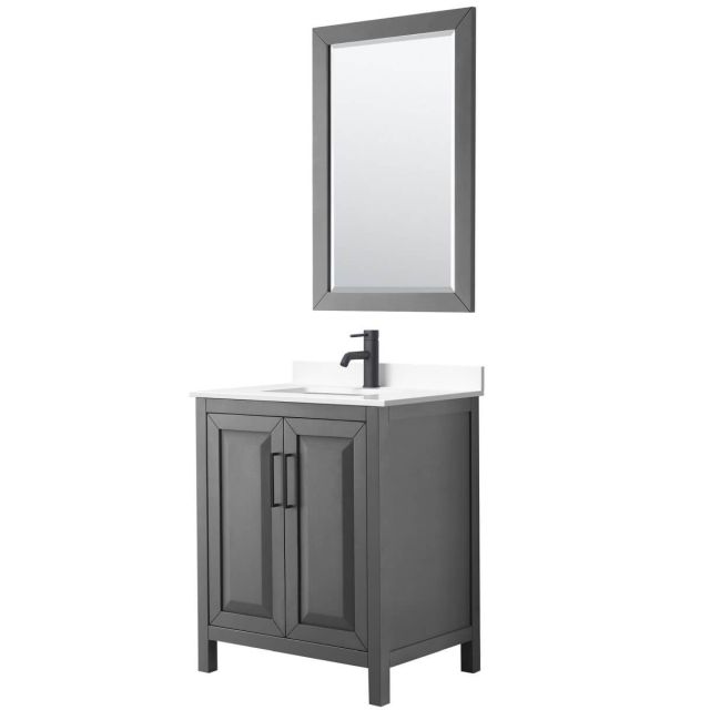 Wyndham Collection Daria 30 inch Single Bathroom Vanity in Dark Gray with White Cultured Marble Countertop, Undermount Square Sink, Matte Black Trim and 24 Inch Mirror WCV252530SGBWCUNSM24