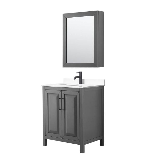 Wyndham Collection Daria 30 inch Single Bathroom Vanity in Dark Gray with White Cultured Marble Countertop, Undermount Square Sink, Matte Black Trim and Medicine Cabinet WCV252530SGBWCUNSMED