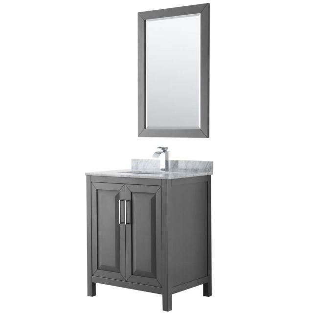 Wyndham Collection Daria 30 inch Single Bath Vanity in Dark Gray, White Carrara Marble Countertop, Undermount Square Sink, and 24 inch Mirror - WCV252530SKGCMUNSM24