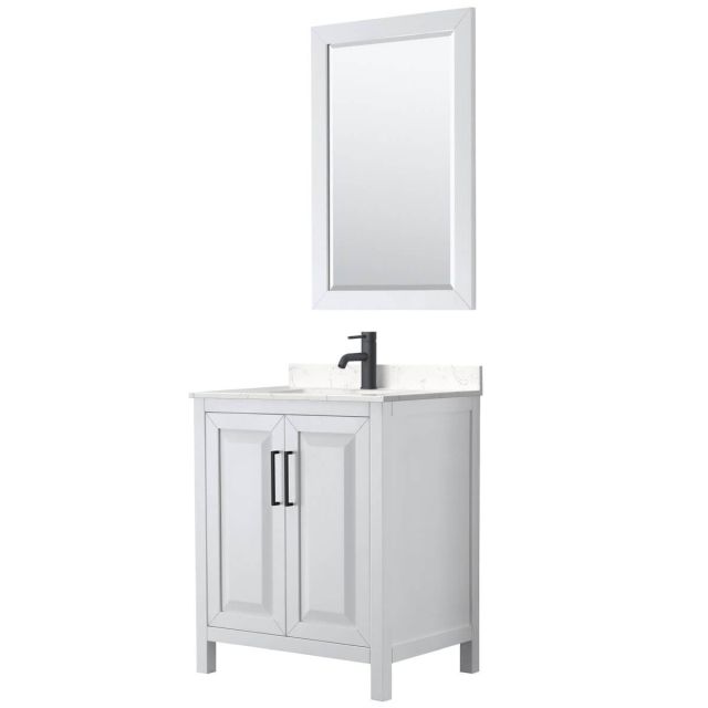 Wyndham Collection Daria 30 inch Single Bathroom Vanity in White with Light-Vein Carrara Cultured Marble Countertop, Undermount Square Sink, Matte Black Trim and 24 Inch Mirror WCV252530SWBC2UNSM24