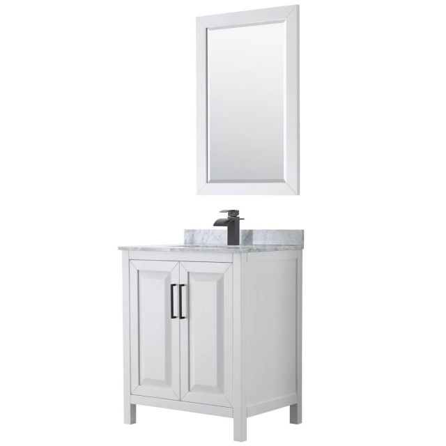 Wyndham Collection Daria 30 inch Single Bathroom Vanity in White with White Carrara Marble Countertop, Undermount Square Sink, Matte Black Trim and 24 Inch Mirror WCV252530SWBCMUNSM24