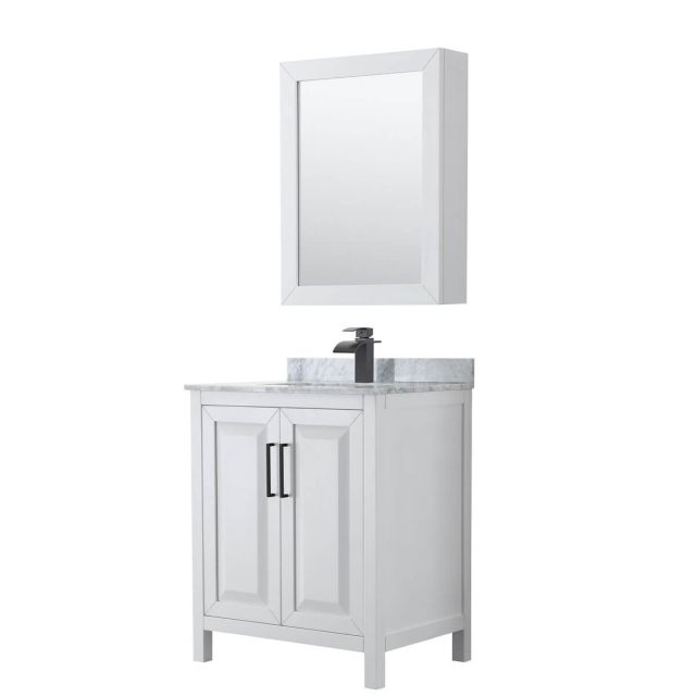 Wyndham Collection Daria 30 inch Single Bathroom Vanity in White with White Carrara Marble Countertop, Undermount Square Sink, Matte Black Trim and Medicine Cabinet WCV252530SWBCMUNSMED