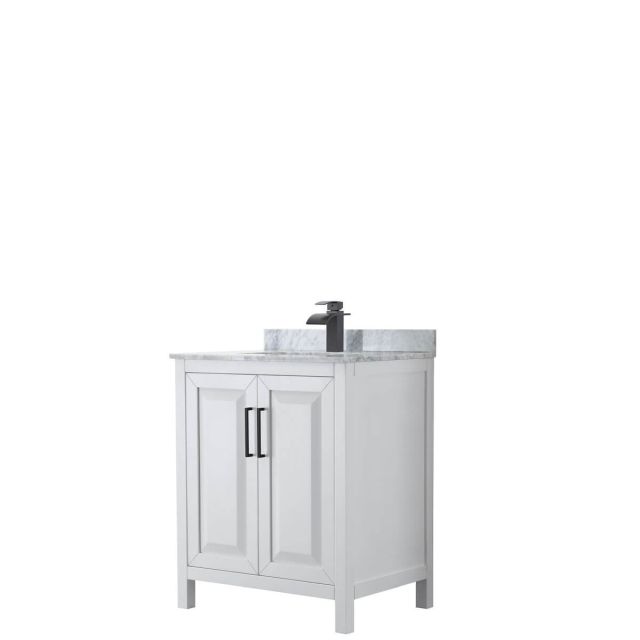 Wyndham Collection Daria 30 inch Single Bathroom Vanity in White with White Carrara Marble Countertop, Undermount Square Sink and Matte Black Trim WCV252530SWBCMUNSMXX