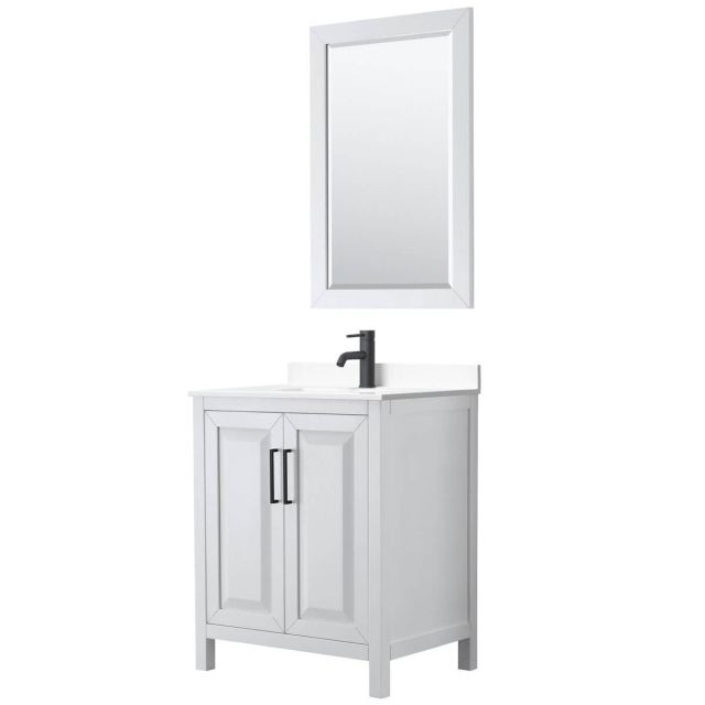 Wyndham Collection Daria 30 inch Single Bathroom Vanity in White with White Cultured Marble Countertop, Undermount Square Sink, Matte Black Trim and 24 Inch Mirror WCV252530SWBWCUNSM24