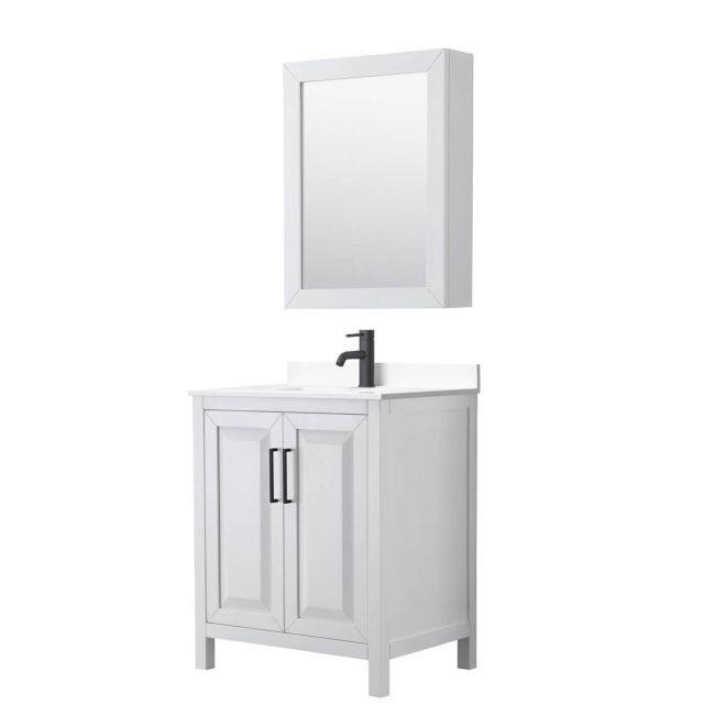 Wyndham Collection Daria 30 inch Single Bathroom Vanity in White with White Cultured Marble Countertop, Undermount Square Sink, Matte Black Trim and Medicine Cabinet WCV252530SWBWCUNSMED