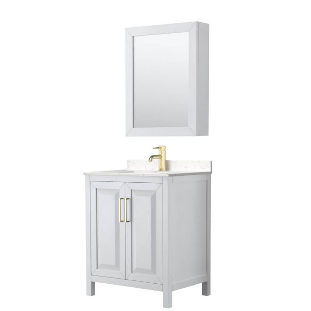 Wyndham Collection Daria 30 inch Single Bathroom Vanity in White with Light-Vein Carrara Cultured Marble Countertop, Undermount Square Sink, Medicine Cabinet and Brushed Gold Trim - WCV252530SWGC2UNSMED
