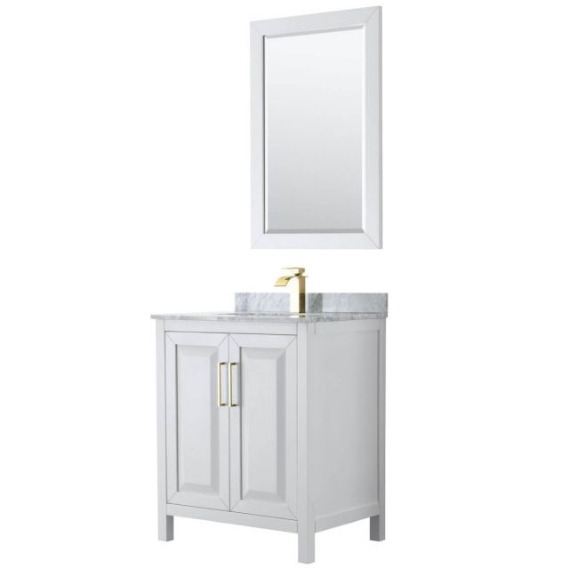 Wyndham Collection Daria 30 inch Single Bathroom Vanity in White with White Carrara Marble Countertop, Undermount Square Sink, 24 inch Mirror and Brushed Gold Trim - WCV252530SWGCMUNSM24