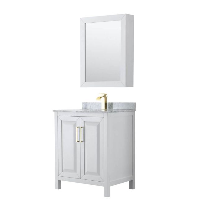 Wyndham Collection Daria 30 inch Single Bathroom Vanity in White with White Carrara Marble Countertop, Undermount Square Sink, Medicine Cabinet and Brushed Gold Trim - WCV252530SWGCMUNSMED