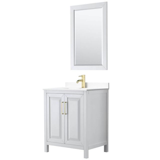 Wyndham Collection Daria 30 inch Single Bathroom Vanity in White with White Cultured Marble Countertop, Undermount Square Sink, 24 inch Mirror nad Brushed Gold Trim - WCV252530SWGWCUNSM24