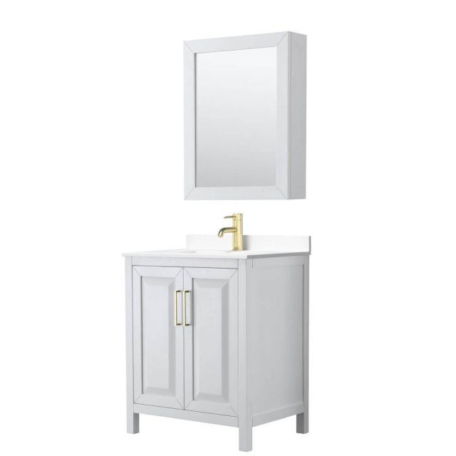 Wyndham Collection Daria 30 inch Single Bathroom Vanity in White with White Cultured Marble Countertop, Undermount Square Sink, Medicine Cabinet and Brushed Gold Trim - WCV252530SWGWCUNSMED