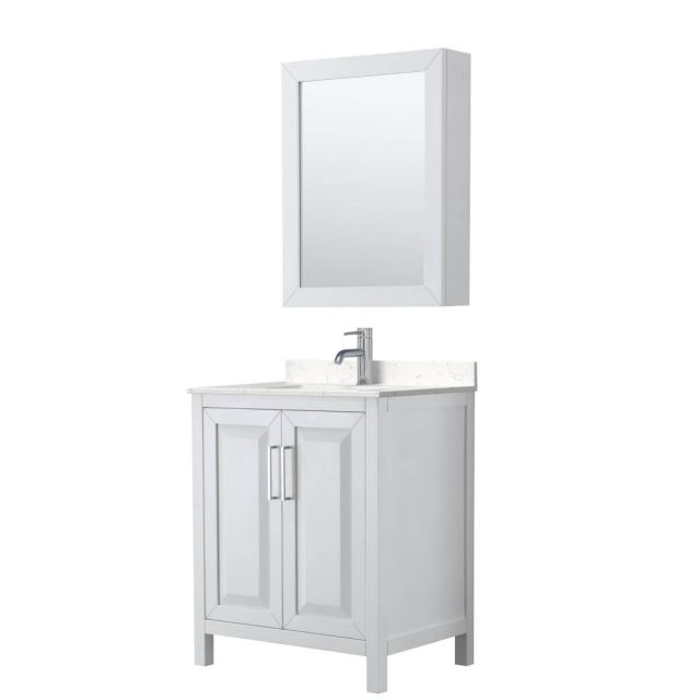 Wyndham Collection Daria 30 inch Single Bathroom Vanity in White with Light-Vein Carrara Cultured Marble Countertop, Undermount Square Sink and Medicine Cabinet - WCV252530SWHC2UNSMED