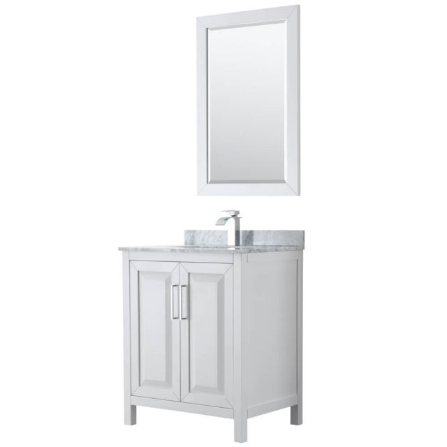 Wyndham Collection Daria 30 inch Single Bath Vanity in White, White Carrara Marble Countertop, Undermount Square Sink, and 24 inch Mirror - WCV252530SWHCMUNSM24