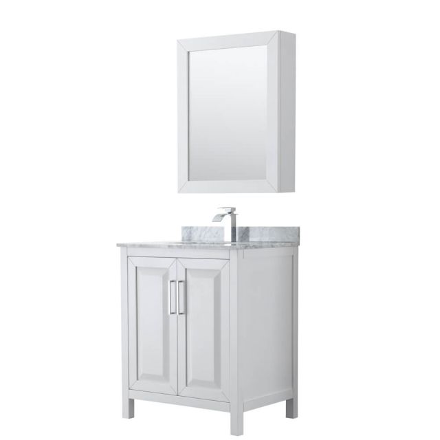 Wyndham Collection Daria 30 inch Single Bath Vanity in White, White Carrara Marble Countertop, Undermount Square Sink, and Medicine Cabinet - WCV252530SWHCMUNSMED