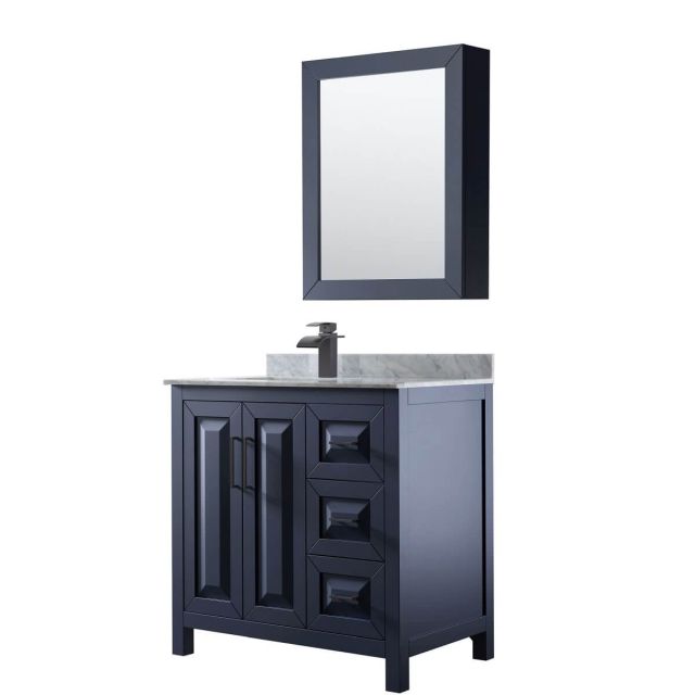 Wyndham Collection Daria 36 inch Single Bathroom Vanity in Dark Blue with White Carrara Marble Countertop, Undermount Square Sink, Matte Black Trim and Medicine Cabinet WCV252536SBBCMUNSMED