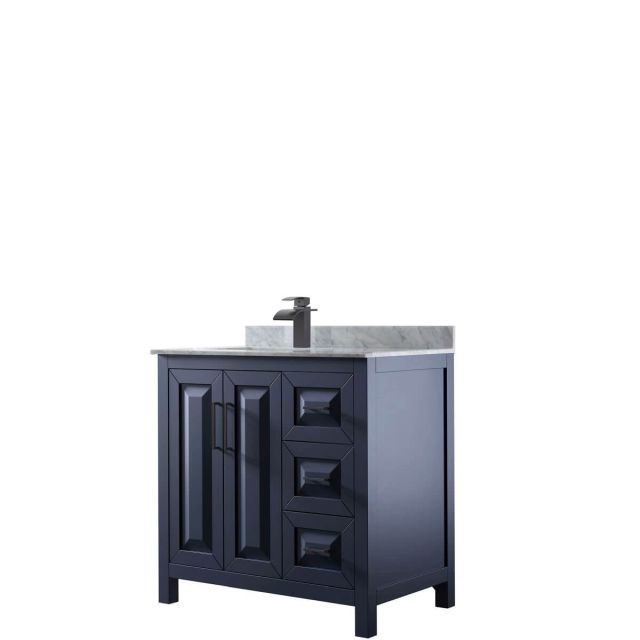 Wyndham Collection Daria 36 inch Single Bathroom Vanity in Dark Blue with White Carrara Marble Countertop, Undermount Square Sink and Matte Black Trim WCV252536SBBCMUNSMXX