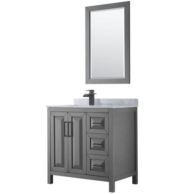 Wyndham Collection Daria 36 inch Single Bathroom Vanity in Dark Gray with White Carrara Marble Countertop, Undermount Square Sink, Matte Black Trim and 24 Inch Mirror WCV252536SGBCMUNSM24