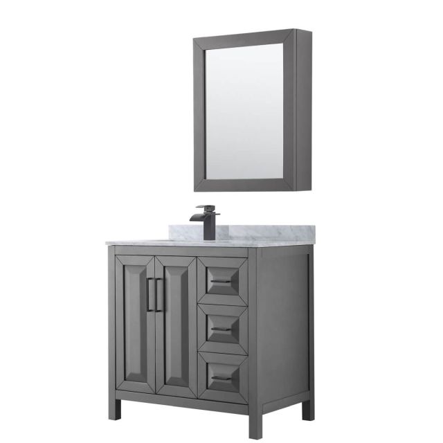 Wyndham Collection Daria 36 inch Single Bathroom Vanity in Dark Gray with White Carrara Marble Countertop, Undermount Square Sink, Matte Black Trim and Medicine Cabinet WCV252536SGBCMUNSMED